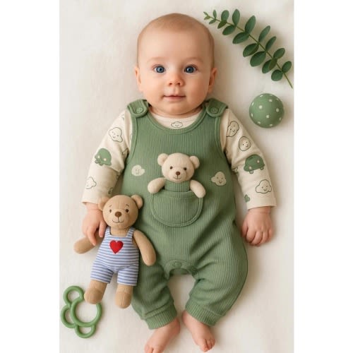 Baby Overall Set with Teddy Bear Green Ribbed Romper and Bear Print Onesie Newborn Outfit Baby Shower Gift