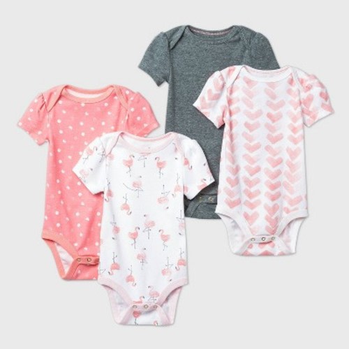 Baby Girls' 4pk Flamingo Parade Short Sleeve Bodysuit - Cloud Island™ Pink/White/Gray