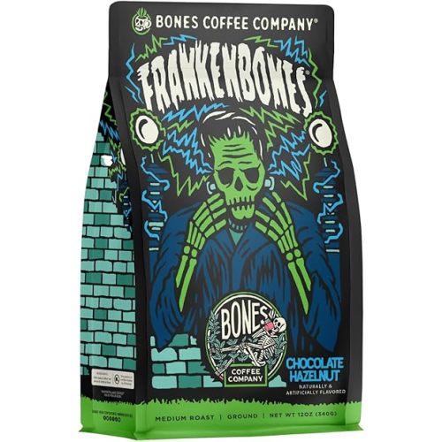 Bones Coffee Company Frankenbones Chocolate and Hazelnut Flavored Coffee, Medium Roast Low Acid Arabica Beans Compatible with Auto drip and French Press Coffee Maker, 12 Oz Ground