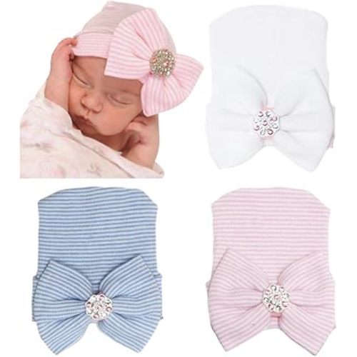 DRESHOW BQUBO Newborn Hospital Hat with Bow Cotton Infant Baby Cap Soft Cute Nursery Beanie Hat for Baby Girl Boy 0-3 Months