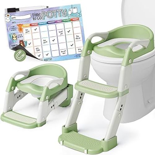 3-in-1 Potty Training Seat, Toddler Toilet Seat with Step Stool Ladder, Toddler Potty Chair for Boys Girls, Foldable with Splash Guard and Anti-Slip Steps, with A4 Size Magnetic Weekly Chart