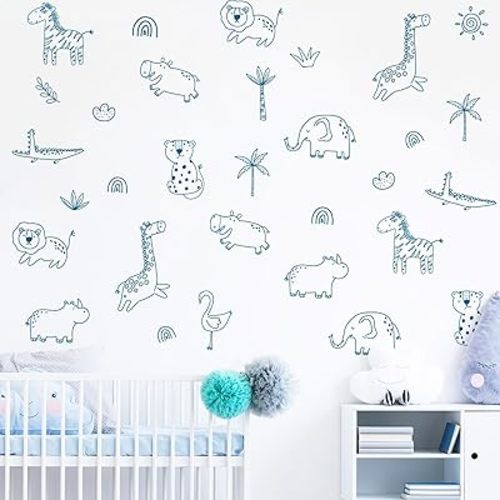 Jungle Animal Wall Decal, Lion, Elephant, Giraffe Animals Wall Stickers for Your Child's Girls and Boys Bedroom Baby Room Nursery Or Kids Room Animal Them Decor (Blue Animal Stickers)