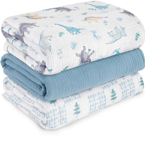 Muslin Swaddle Blankets for Newborn, 3 Pack Breathable Soft Receiving Blanket, Large 38 x 40 inches Swaddle Wrap Burping Clothes Diapers, Essentials Infant Shower Items, Toddler Gift (Blue Dinosaur)