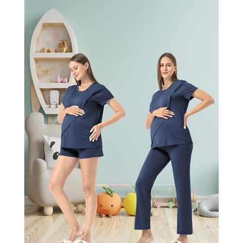 Rnxrbb 3 Piece Postpartum Nursing Pajamas Set Casual Soft Maternity Breastfeeding Pjs Sleepwear Loungewear Clothes Layer