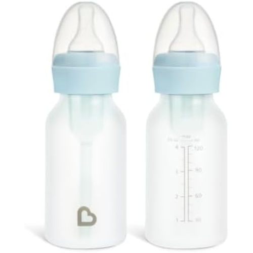 Munchkin Bond Glass Baby Bottles, Anti Colic Baby Bottles for Newborns, 4 oz Silicone Coated BPA Free Slow Flow Bottles for Breastfed Babies, Infant Feeding Bottle Set, 2 Pack, Blue