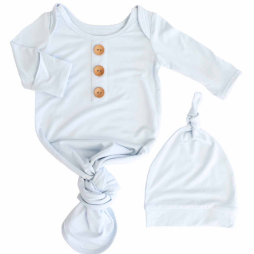 Caden Lane - Baby Blue Newborn Baby Knot Gown & Hat Set