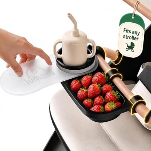 Universal Stroller Snack Tray with Cup Holder 2 in 1 - Stroller Tray Attachment for Baby & Toddler - Baby Stroller Accessories - Fit Most Strollers, Dishwasher Safe with Dust Cover & Silicone Arms