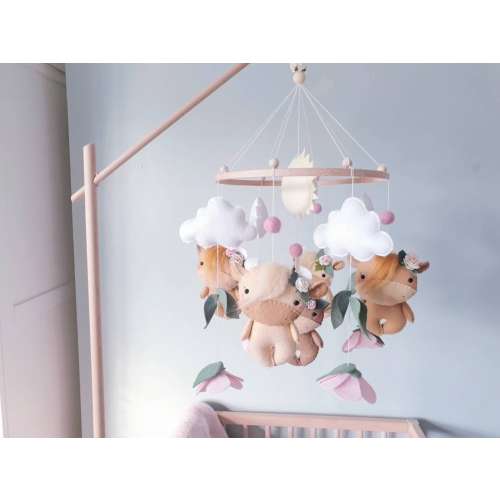 Highland Cow Baby Mobile: Wool Felt Farm Crib Mobile