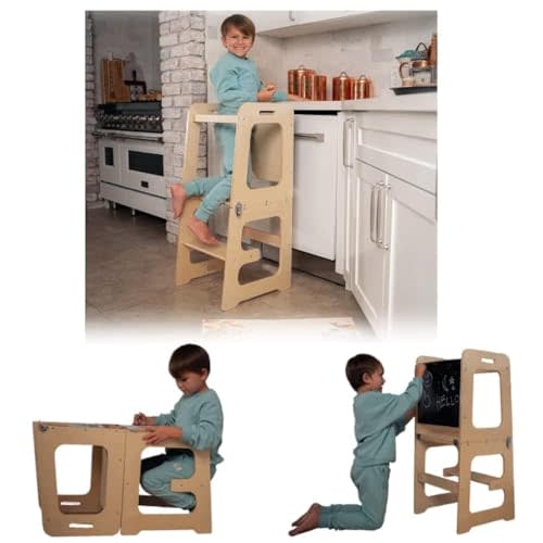 Avenlur Date 4-in-1 Foldable Tower - Toddler Step Stool with Chalkboard, Desk and Chair - Montessori and Waldorf Style Stool for Ages 18 Months to 6 Years