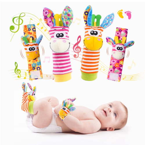 Wrist Rattle Foot Finder Socks Set for Baby Arm Hand Rattle Feet Leg Ankle Socks Newborn Soft Sensory Toys Baby Socks Newborn Rattles Toys Easter Gifts 0-3 6-12 Months Infant Girl Boy
