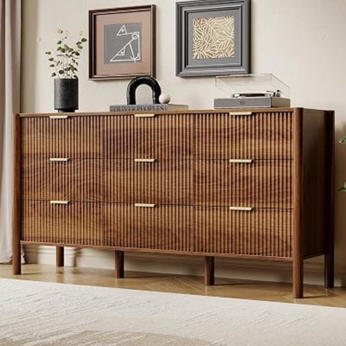 63in Walnut Fluted 9 Drawer Dresser for Bedroom,Mid Century Wood Chest