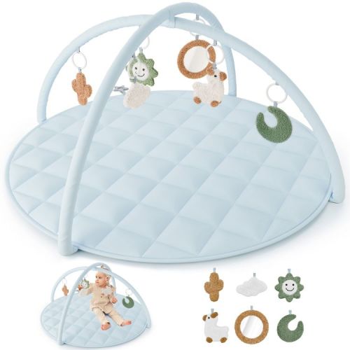 Baby Play Gym & Tummy Time Mat - Soft Cotton Mat with 6 Toys for Boys/Girls - Stylish Activity Playmat for Infant Development & Playroom Decor