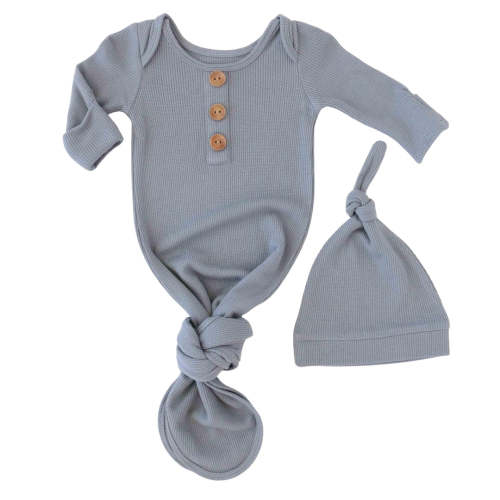 Dusty Denim Bamboo Waffle Newborn Baby Knot Gown & Hat Set