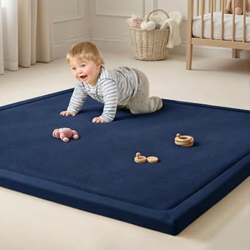 Goyuu Ultra Soft 1.3" Thick Baby Play Mat for Floor, 50x50 Playpen Mat Elasti-Foam Padded Crawling Mat for Babies, Toddlers, Infant, Kids, Non-Slip Backing Safe for Tummy Time, Dark Blue