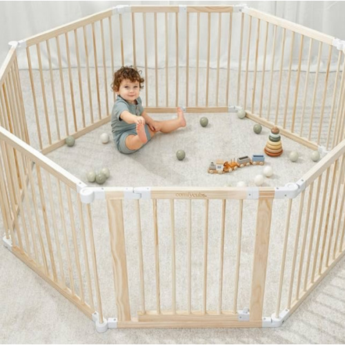 Comfy Cubs Baby Gate Playpen - 57 x 57 x 25 in, Extends Up to 228” - Pine Wood Foldable Playpen with Child-Proof Lock - Easy Assembly Baby Fence Play Area for Babies & Toddlers - Light Wood White