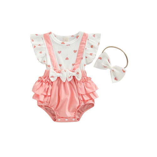 Bagilaanoe Newborn Baby Girls Bodysuit Pink Heart Pattern Short Sleeve Romper and Headdress 6 9 12 18 Months Summer Set