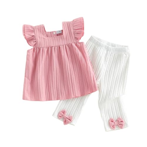 Amnnchya Little Girls Clothes Kids Solid Fly Sleeve Tank Tops Bow Pants Toddler Baby Girl Summer Outfits Spring 2pc Set