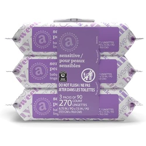 Amazon Elements Baby Wipes, Sensitive, Unscented, Cleans Gently, 270 Count, Flip-Top Packs, Pack of 3