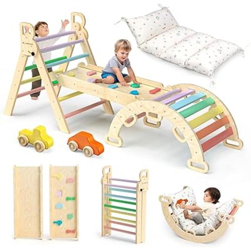 BlueWood Pikler Triangle Set with Cushion - Climbing Toys for Toddlers 9-in-1, Montessori Philosophy Play Jungle Gym with Arch, Ramp, Ladder (Rainbow)