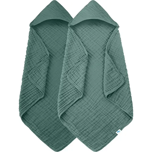 SWEET DOLPHIN Muslin Hooded Baby Bath Towels - 2 Pack 100% Cotton Towel for Babies, Infants, Toddlers - 32x32Inch - Highly Absorbent and Newborn Essential, Deep Emerald
