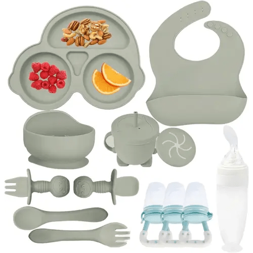 Silicone Baby Feeding Set,Miicasa Baby Led Weaning Supplies Kit With Suction Bowl & Car Plate, Bib, Spoon, Fork, Cup - Food-Grade Silicone, Dishwasher-Safe, No BPAs - For 3+ Months