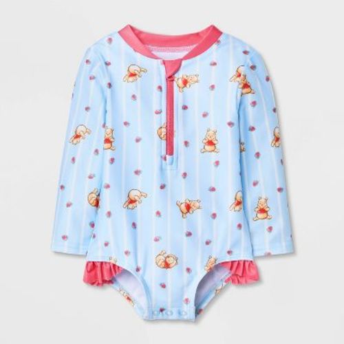 Disney Baby Girls' Winnie the Pooh Strawberry Striped 1pc Rash Guard Swimsuit - Light Blue 9M