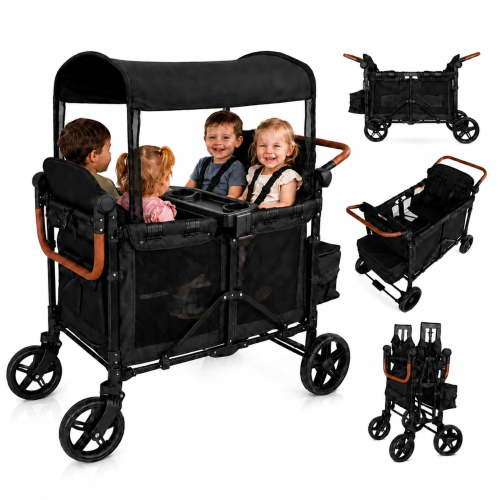 TouHeart Wagon Stroller for 4 Kids, Foldable 4-Seater Stroller Wagon with Canopy, 5-Point Harness, Adjustable Push-Pull Handle, Removable Seats, Black