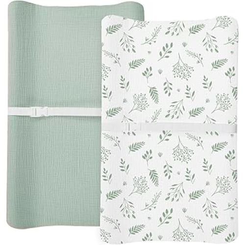 Changing Pad Cover for Baby Boy Girl 2 Pack, Muslin Changing Table Pad Covers with Boho Style, Neutral Nursery Bedding Essentials Soft and Breathable (Fern Leaf & Sage)