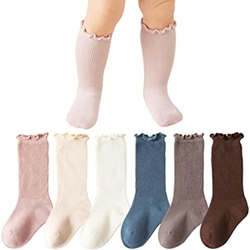 Baby Girl Knee High Socks 5/6/8 Pairs Knit Tube Ruffled Hollow Out Long Stockings with Bow