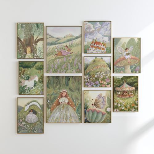 Fairytale meadow storybook art whimsical nursery wall print enchanted garden landscape pastel illustration bundle