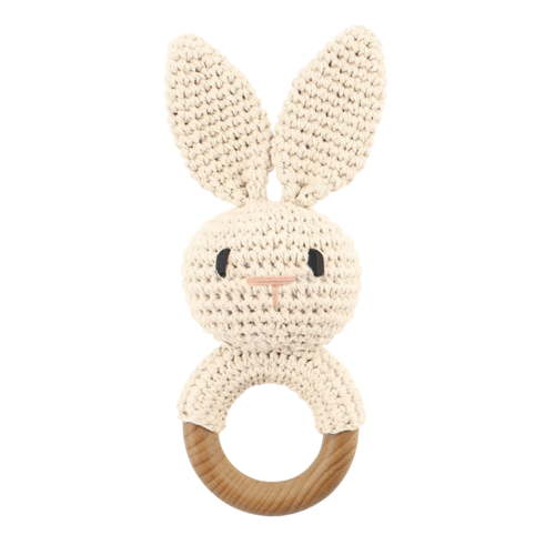 Teething Beige Crochet Baby Rattle, Bunny Shaped Infant Rattle, Handmade Crocheted Baby Toy - Soft Plush Bunny Head, Wooden Ring, Soothing Comfort Toy - For Baby, Toddler, Baby Shower Gift, Nursery Play, Newb