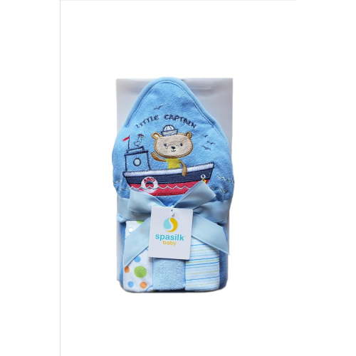 Spasilk Hooded Bath Towel and Washcloths Set for Newborns, 1 Soft Terry Baby Towel and 3 Baby Washcloths, Baby Essentials, Ideal Baby Shower Gifts, One Size, Blue Sailor