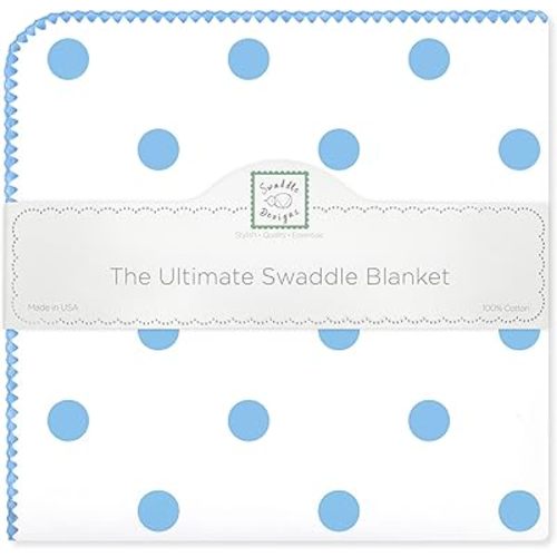 SwaddleDesigns Large Receiving Blanket, Ultimate Swaddle for Baby Boys, Girls, Softest US Cotton Flannel, Best Shower Gift, MADE in USA, Blue Big Dots, Mom’s Choice Winner,Blue, White,42 x 42 Inch,SD-356B
