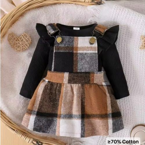 2pcs Baby Girls Casual Long Sleeve Romper + Plaid Suspender Skirt Set, Autumn/Winter | SHEIN USA