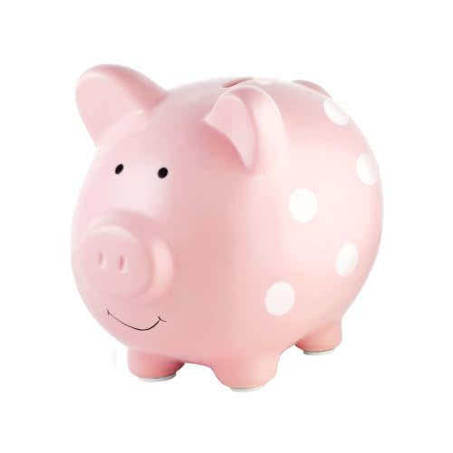 Pearhead Large Ceramic Piggy Bank, Pink Polka Dot Coin Bank for Kids, Gender-Neutral Nursery Decor, Newborn Savings Keepsake