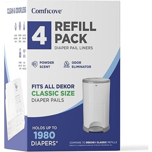 Comficove Refills Compatible with DEKOR CLASSIC Diaper Pails | 4 Pack | Extra Thick Diaper Pail Refill Liners | Fresh Scent | Easy to Replace and Dispose of Diaper Bag | Odorless Baby Diapers Disposal
