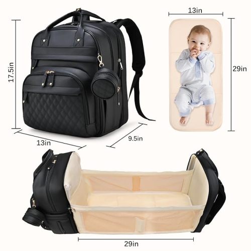 ANWTOTU Leather Baby Diaper Bags with Changing Station,Extra large Capacity Baby Diaper Bag Backpack,Waterproof Baby Essentials(Black)