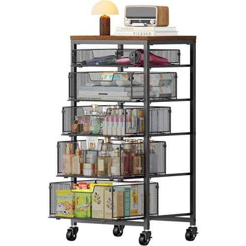 Rolling Cart with Drawers, 5-Drawer Storage Cart on Wheels with Vintage Wooden Top, Heavy Duty Metal Utility Cart, Mobile Craft Art Storage Cart for Kitchen, Bathroom, Office, Bedroom, Art Studio