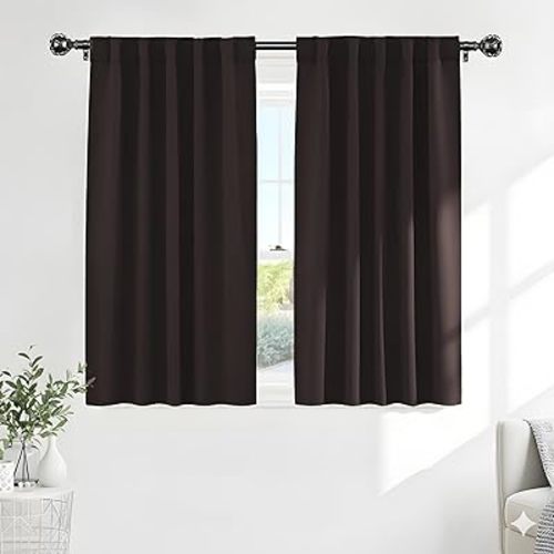 PONY DANCE Blackout Curtains Short - Bedroom Window Draperies Energy Efficient Thermal Insulated Back Tab/Rod Pocket Curtain Panels/Window Treatments for Kitchen, 42 W x 45 L, Brown, 2 Pieces