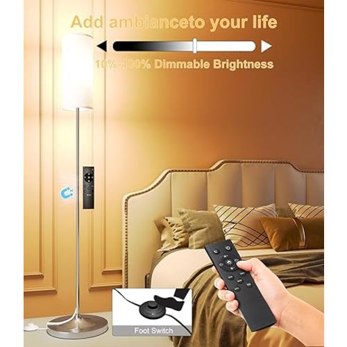 luckystyle LED Floor Lamp for Living Room, Dimmable Standing Lamps with Foot Switch,Remote Custom Color Temperature Silver Pole Lamp with Lampshade,12W Led Bulb Tall Lamps for Bedroom Office Kid Room