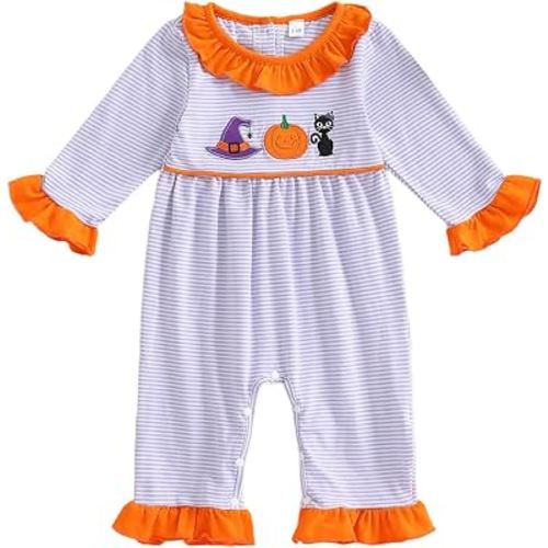 VSQWLZT Baby Girl Halloween Purple Striped Whitch Pumpkin Onesie | Newborn Infant Halloween Outfits Long Sleeve Pumpkin Onesie Striped Smocked Bubble Romper