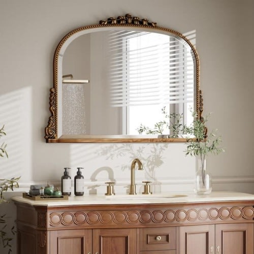 Antique Gold 36 in. W x 27 in. H Arched Polyurethane Framed with Decoration Antique Vanity Wall Mirror