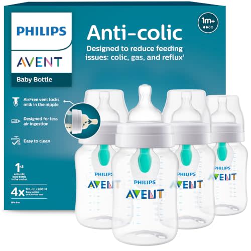 Philips Avent Anti-Colic Baby Bottle with AirFree Vent, Medium Flow, 9 oz | For Ages 1 Month+, Reduces Colic, Gas & Reflux, Flow 2 Nipple with Secure Latch System, BPA-Free, 4-Pack, Clear, SCY703/04