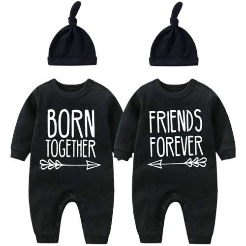 Baby Twins Bodysuit Born Together Friends Forever Newborn Clothes Unisex Twin Outfits With Hat