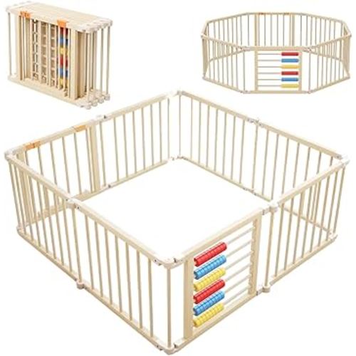 Baby Playpen,Wooden Foldable Playpen for Toddlers and Babies with Locking Gate, 8 Panels Baby Fence, Indoor Play Yard with Abacus, Kids Activity Center