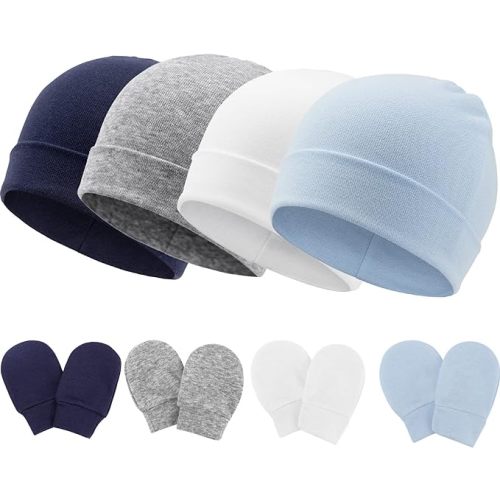 BQUBO Baby Hats and Mittens Infant Cotton Beanie Gloves No Scratch Set Newborn Hospital Hat for Boys Girls