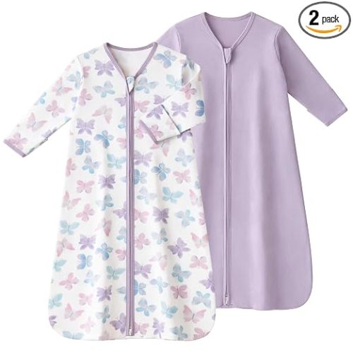 Baby Sleep Sack 0-6 Months, Long Sleeve Baby Wearable Blanket 0.5 Tog with Mittens, 2-Way Zipper Newborn Cotton Sleeping Sack for Boy and Girl Purple Butterfly 2 Pack (Small)