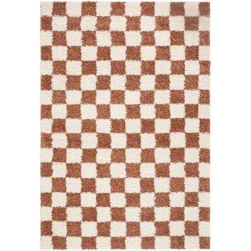 Hauteloom Chack Living Room, Bedroom Area Rug - Square Tile Checkered - Shaggy Plush Pile - Orange, White, Cream - 6'7" x 9'
