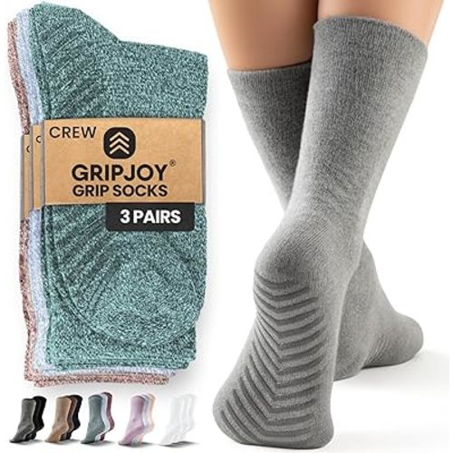 Gripjoy Grip Socks for Women, Grippy, Non Slip, Gripper Socks for Women & Men, Pilates, Yoga, Hospital, 3 Pairs, Crew