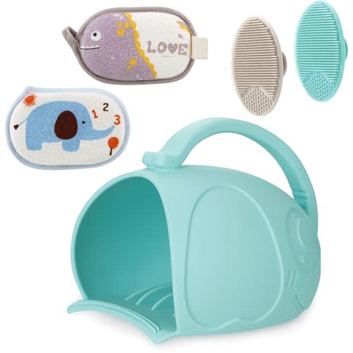 PandaEar Baby Bath Rinse Cup, Silicone Baby Shampoo Rinser with 2 Toddler Bath Sponge & 2 Bath Brush for Infants, Toddler Body Washing, Blue